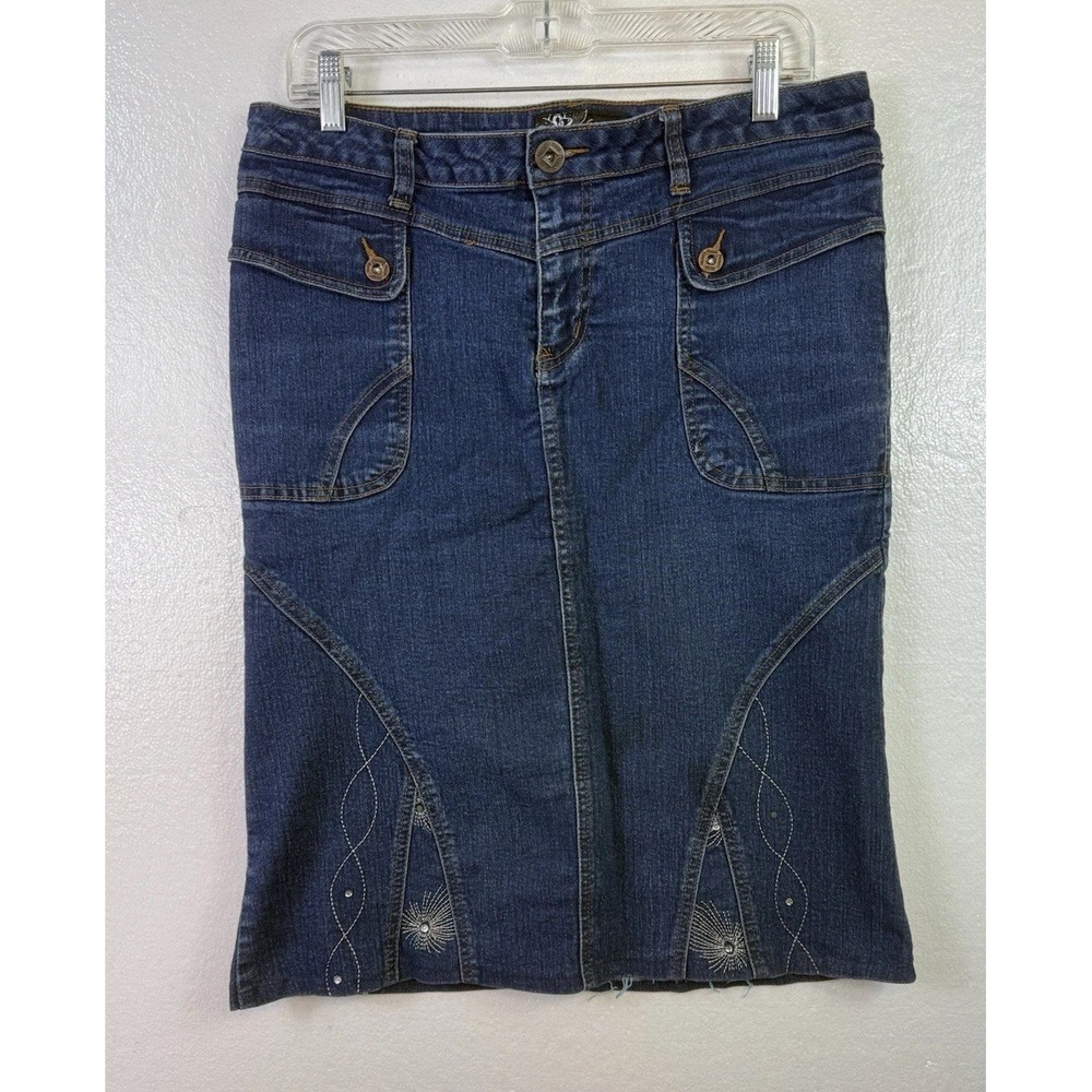 Vintage Giovanni Skirt‎ Women Size 11/12 Blue Denim Stretch Embroidered Boho Zip